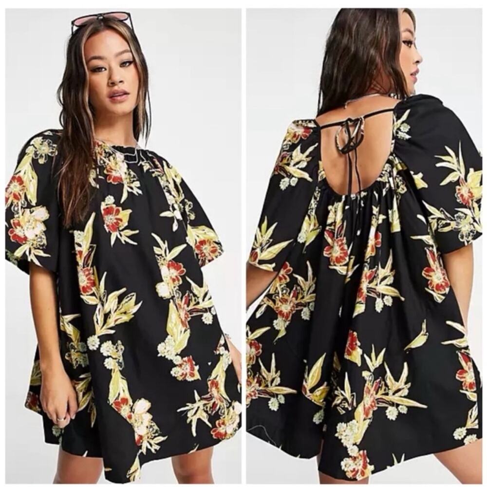 NWOT Free People Jodie Black Tropical Floral Low Back Mini Dress Tunic S